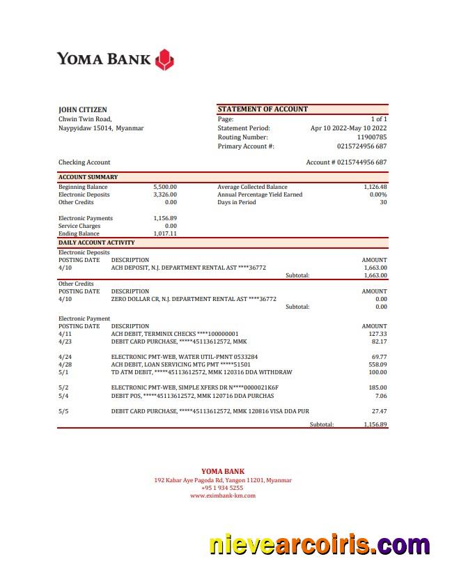 Myanmar Yoma Bank statement
